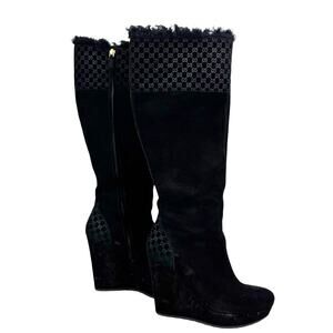 GUCCI Courtney Microguccissima Black Suede Wedge Tall Boots 38 8 Fur Logo GG